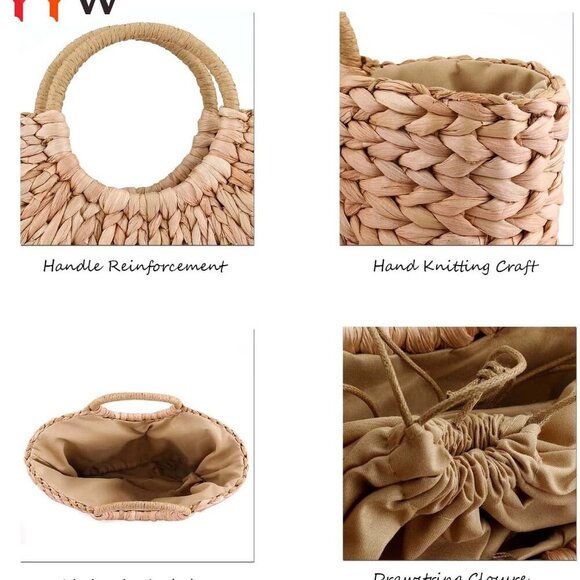 Women Straw Tote Hand-Woven Beach Bag Summer Clutch Crossbody Fashion - Picture 4 of 7